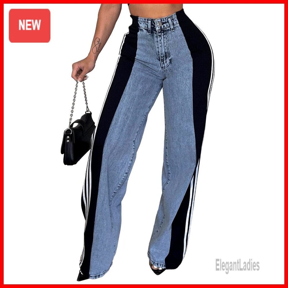 High Waisted Stretch Denim Wide Leg Jeans with Patchwork Stripes